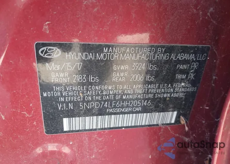 2017 Hyundai Elantra Se from USA, damaged, VIN 5NPD74LF6HH205146